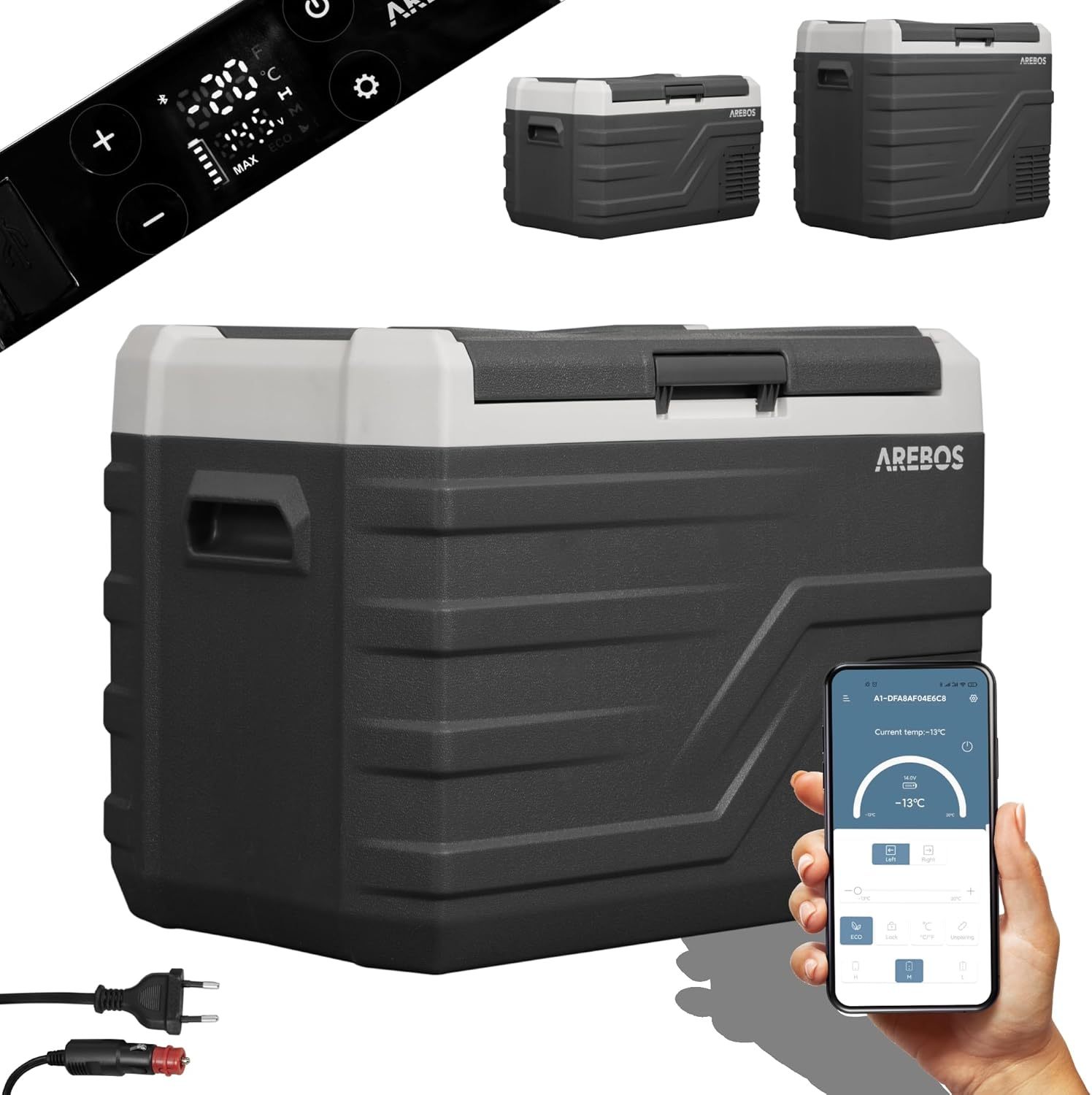 Arebos Glacière à compresseur portable 35 L - Réfrigérateur congélateur jusqu'à -20 C - Commande intelligente application - 12 24 V et 230 V USB voiture camion bateau camping-car