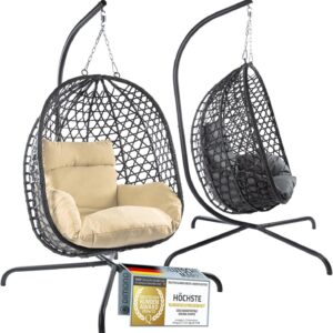 Fauteuil suspendu avec support en rotin beige - Chaise œuf pour intérieur et extérieur - Capacité 120 kg - Balançoire détente pour jardin terrasse et coin lecture