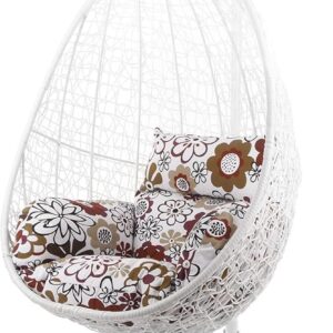 Fauteuil suspendu Kideo 3762 floral - Structure et panier blancs en polyrotin - Coussins à motif floral - Ensemble lounge avec armature