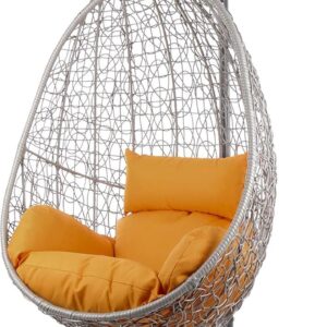 Kideo Fauteuil suspendu complet en polyrotin gris avec armature et coussins - Fauteuil lounge intérieur extérieur avec coussin nid orange Tangerine