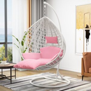 Fauteuil suspendu extérieur rose - Rotin synthétique avec tube en acier épais - Coussins pour balançoire - Chaise pour terrasse jardin balcon