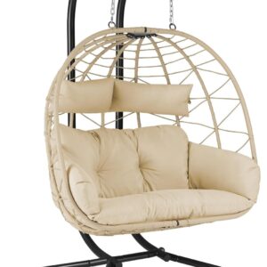 Fauteuil suspendu hamac 2 places avec structure - Chaise œuf XXL en osier couleur crème - Balancelle intérieure extérieure pour terrasse et jardin