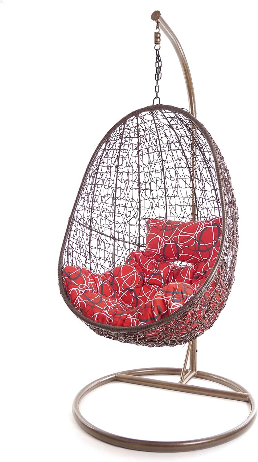 Kideo Fauteuil suspendu complet avec armature et coussin marron - Mobilier lounge moderne avec coussin Chesterstepp rouge à motifs Red Frizzy - Fauteuil détente