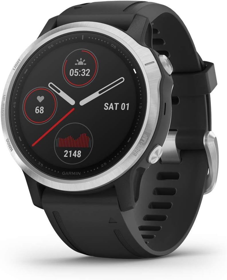Montre GPS multisports Garmin Fenix 6S - Boîtier 42 mm haut de gamme - Paiement sans contact Garmin Pay - Silver noir bracelet silicone noir