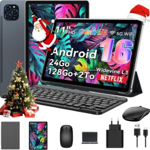 Tablette Android 16 avec Gemini AI 11 pouces écran FHD - 24 Go RAM 128 Go ROM extensible 2 To - Caméra 13 MP GPS 5G WiFi avec stylet