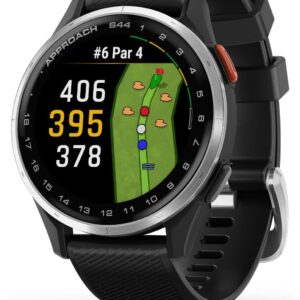 Garmin Approach S44 Essential Golf GPS Smartwatch AMOLED - Fonctionnalités terrain et lunette aluminium argentée - Bracelet silicone noir