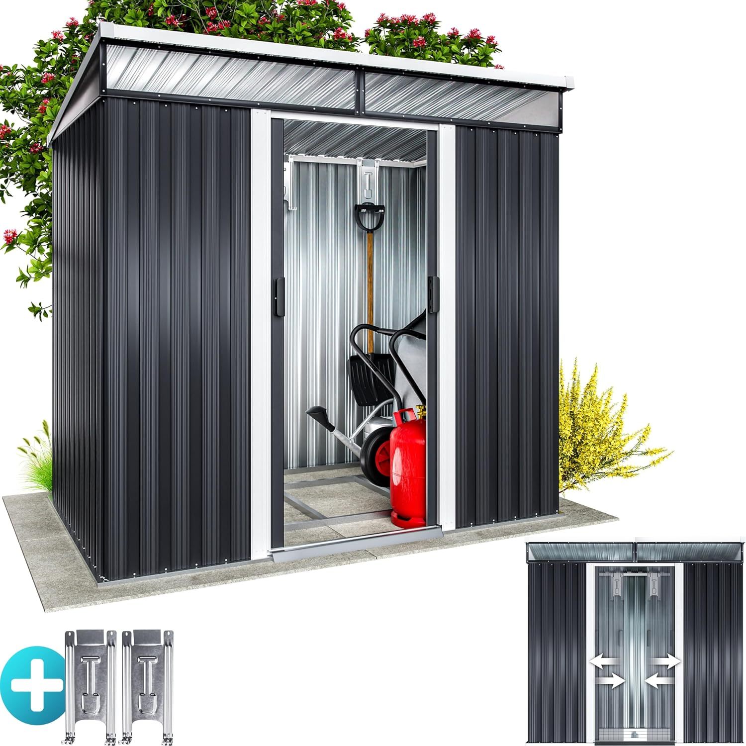 GARDEBRUK Abri de jardin métal 3,4 m³ - Fondation incluse 196x122x180 cm avec 2 fenêtres anthracite - Cabane rangement outils jardin