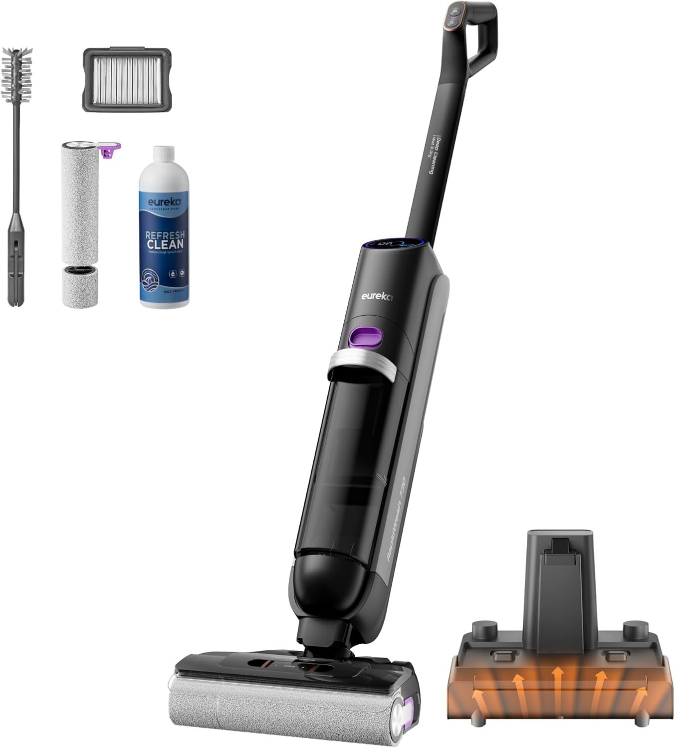 Eureka RapidWash NEW730 Aspirateur laveur sans fil - Aspiration 21600 Pa lavage eau chaude 85 degrés séchage air chaud 5 minutes