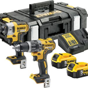 DEWALT Kit perceuse à percussion et visseuse à chocs 18V XR Brushless - Coffret avec 2 batteries 5Ah chargeur et rangement - Outils sans fil professionnels