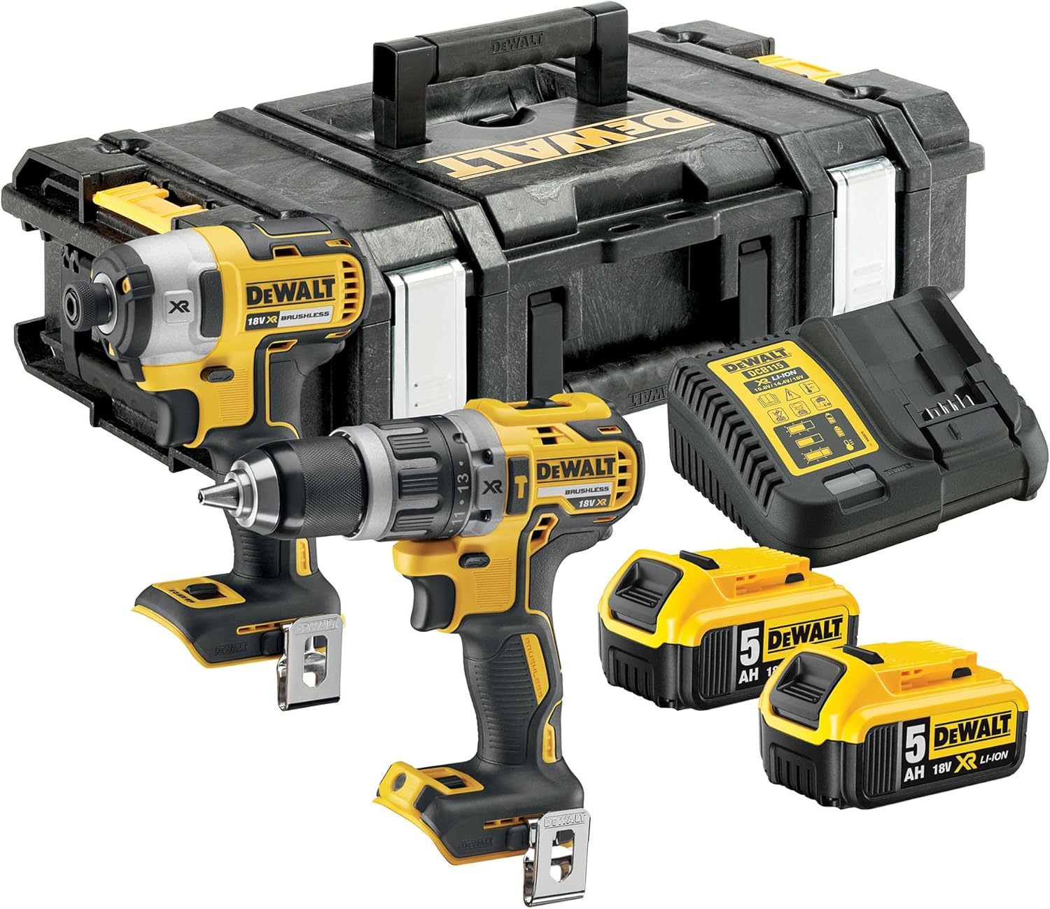 DEWALT Kit perceuse à percussion et visseuse à chocs 18V XR Brushless - Coffret avec 2 batteries 5Ah chargeur et rangement - Outils sans fil professionnels