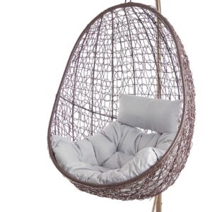Kideo Fauteuil suspendu complet avec armature et coussin marron - Mobilier lounge moderne avec coussin Chesterstepp gris clair - Fauteuil détente intérieur extérieur