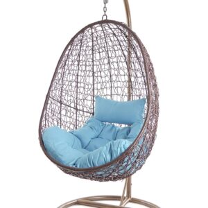 Kideo Fauteuil suspendu complet avec armature et coussin marron - Mobilier lounge moderne avec coussin Chesterstepp bleu clair SkyBlue - Fauteuil détente intérieur extérieur